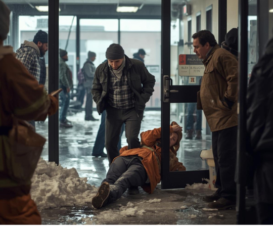 Man lying on the ground near a building entrance with snow around, while several people stand nearby, some looking concerned.
